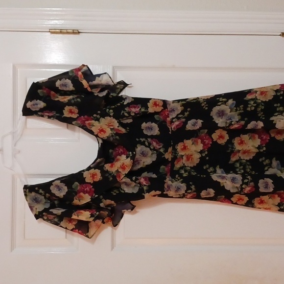 ❗️ASOS Black Green Blue Floral Off Shoulder Ruffle High Low Midi Dress - Picture 1 of 16
